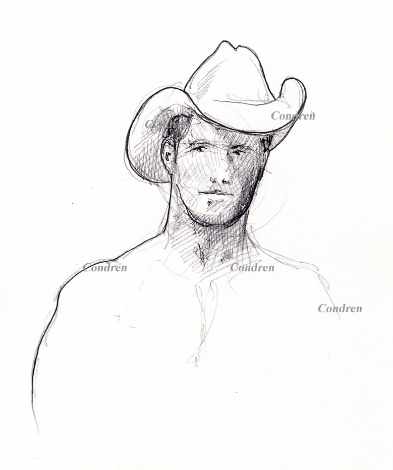 Face of a gay shirtless cowboy by Stephen F. Condren.