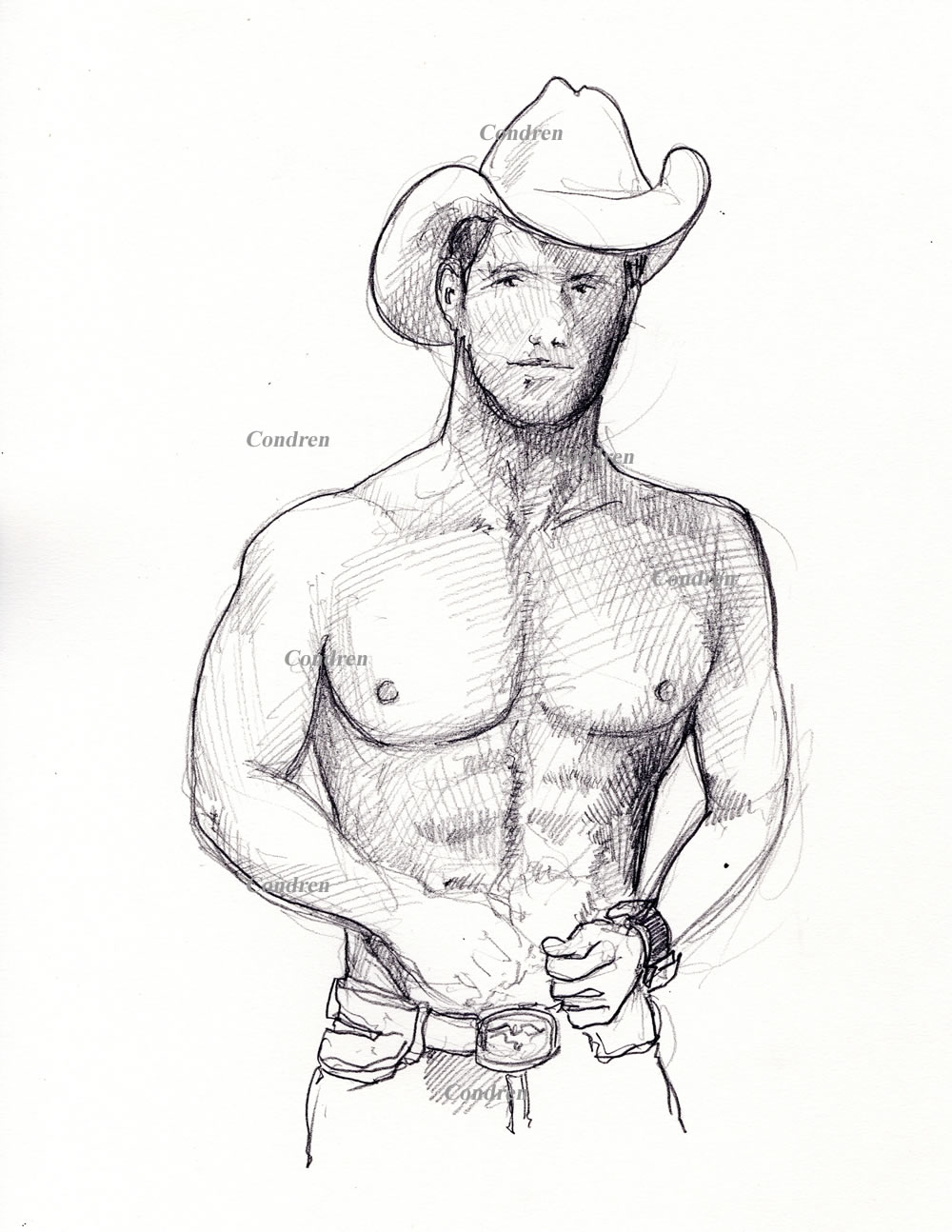 Gay cowboy drawing #476Z, in pencil, by artist Stephen F. Condren.
