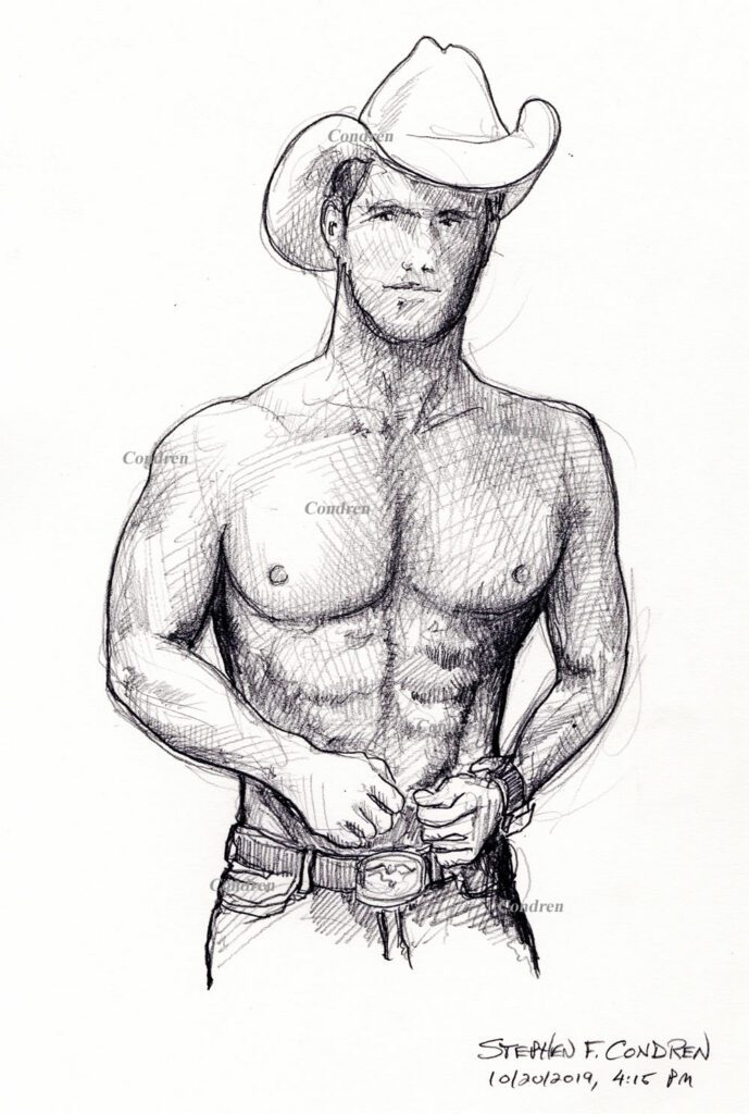 Gay cowboy drawing #477Z, in pencil, by artist Stephen F. Condren.