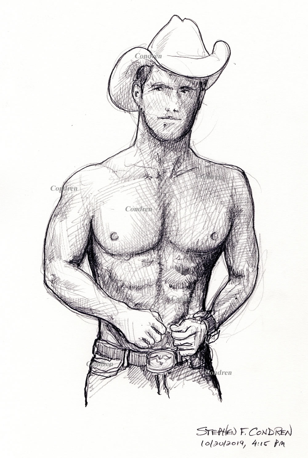 Gay cowboy drawing #477Z, in pencil, by artist Stephen F. Condren, with prints and scans.
