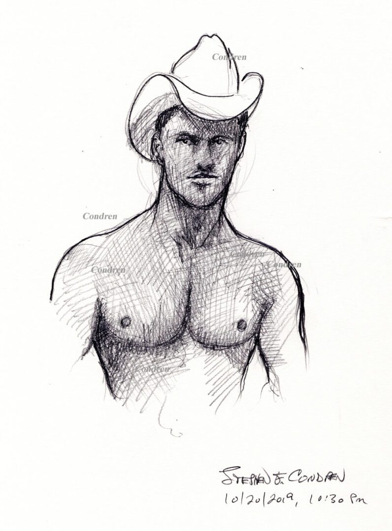 Pencil portrait of a sexy gay cowboy wearing a 10-gallon hat by artist Stephen F. Condren, with prints and scans.