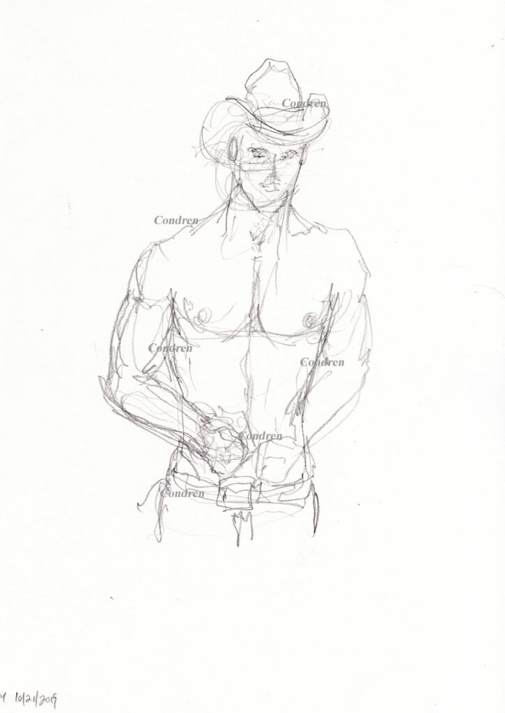 Pencil drawing of a gay cowboy by artist Stephen F. Condren, with prints & scans.
