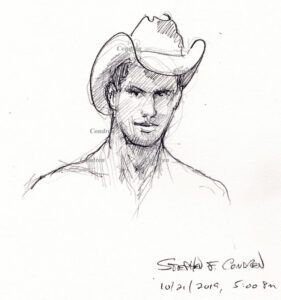 Pencil drawing of a gay cowboy wearing a 10-gallon hat by artist ...