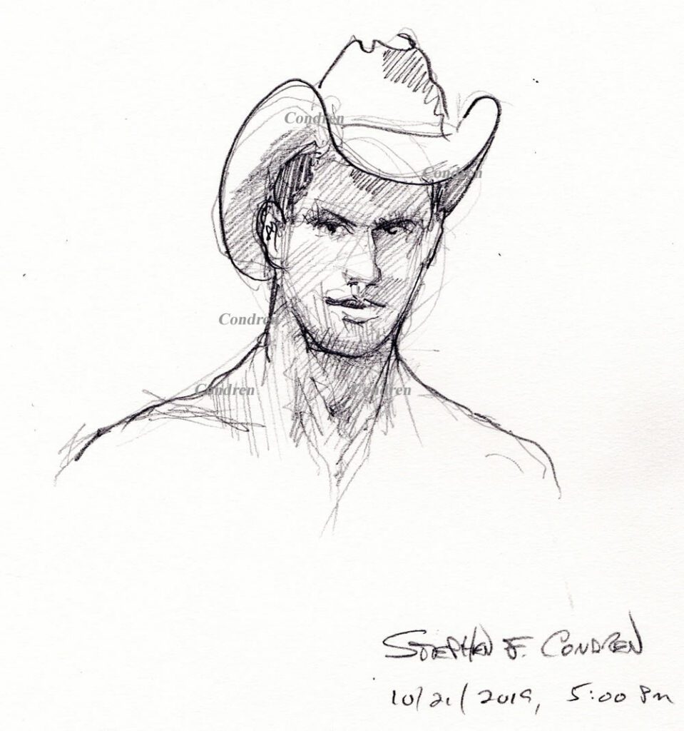 Gay cowboy drawing #486Z, in pencil, by artist Stephen F. Condren. Prints & Scans Order Here.