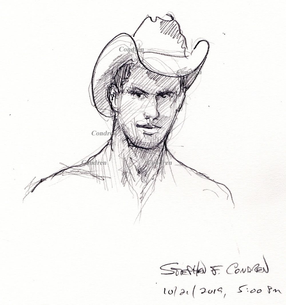 Gay cowboy drawing #486Z, in pencil, with prints & scans, by artist Stephen F. Condren.