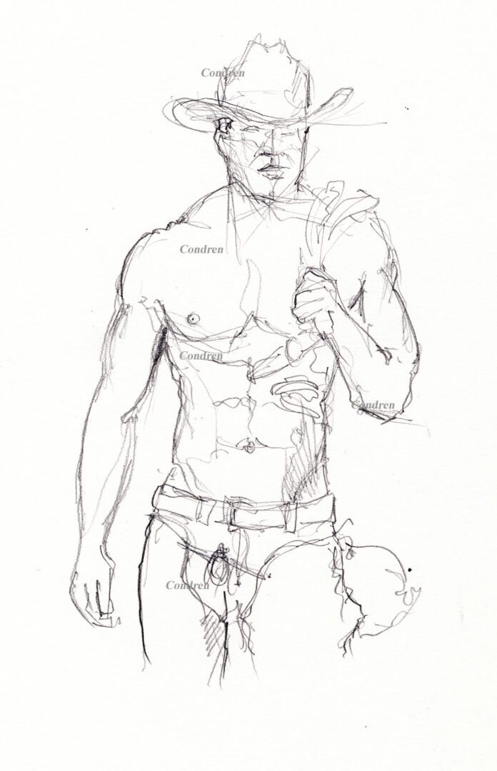 Gay cowboy drawing #487Z, in pencil, with prints & scans, by artist Stephen F. Condren.