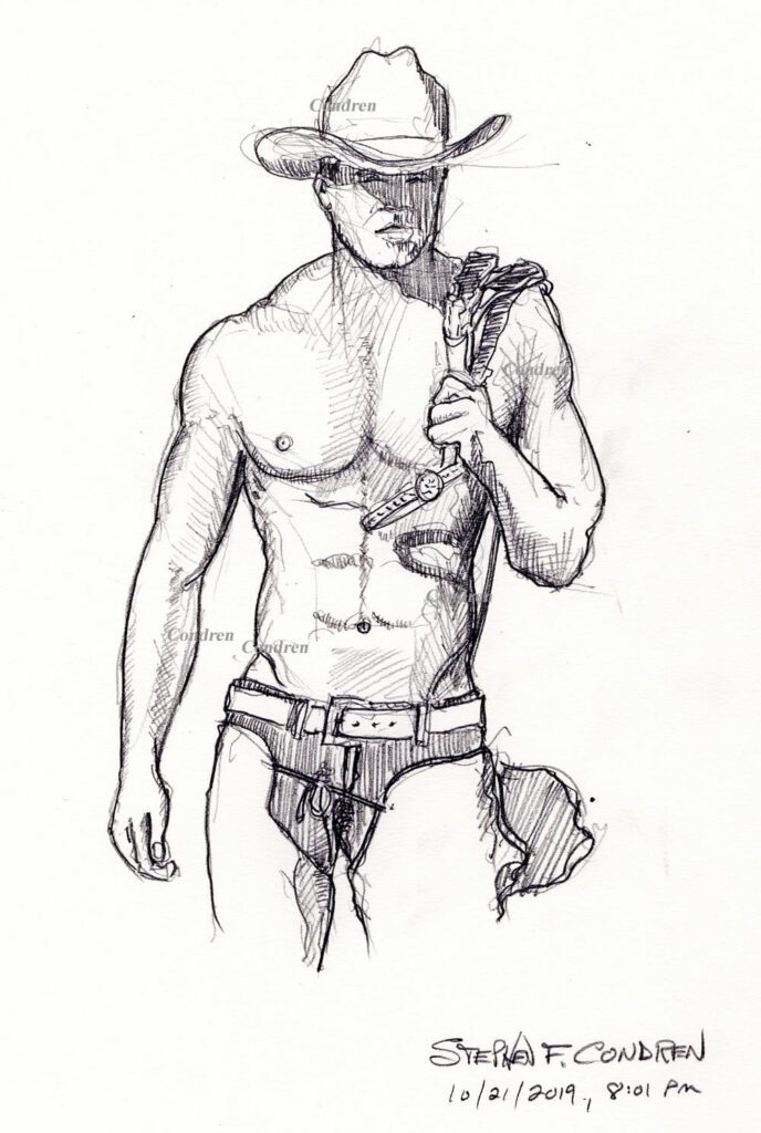 Pencil drawing of a sexy and shirtless gay cowboy by artist Stephen F. Condren, with prints and scans.