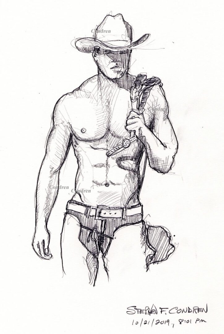 Gay cowboy drawing #488Z, in pencil, with prints & scans, by artist Stephen F. Condren.