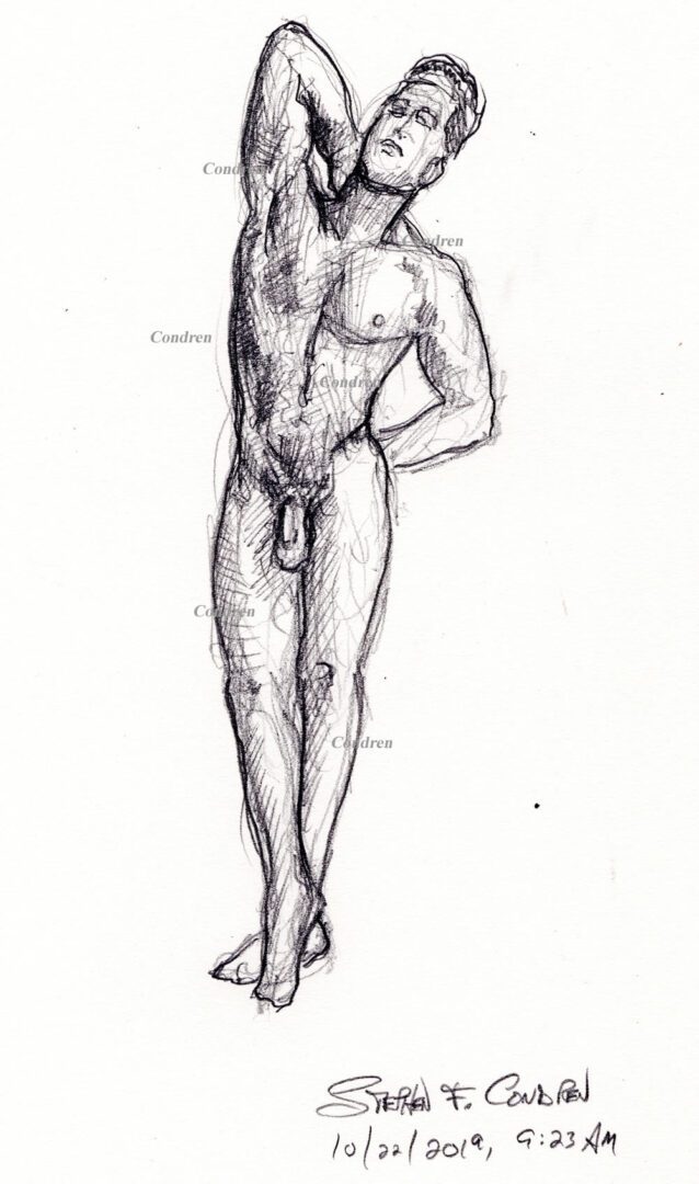 Human male architecture #491Z, pencil drawing with pencil, by artist Stephen F. Condren, of Condren Galleries, with gay LGBTQ approved prints, and scans.