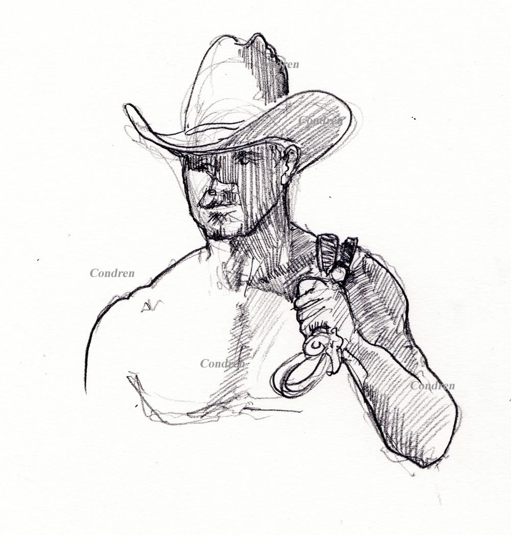 Pencil drawing of a gay cowboy by artist Stephen F. Condren.