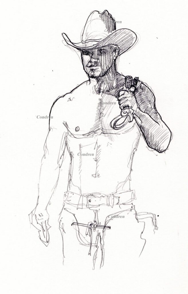 Pencil drawing of a gay cowboy with 10-gallon hat by artist Stephen F. Condren. Prints & Scans Order Here.