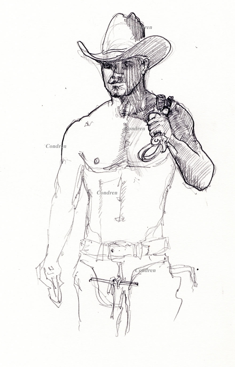 Pencil drawing of a gay cowboy with 10-gallon hat by artist Stephen F. Condren.