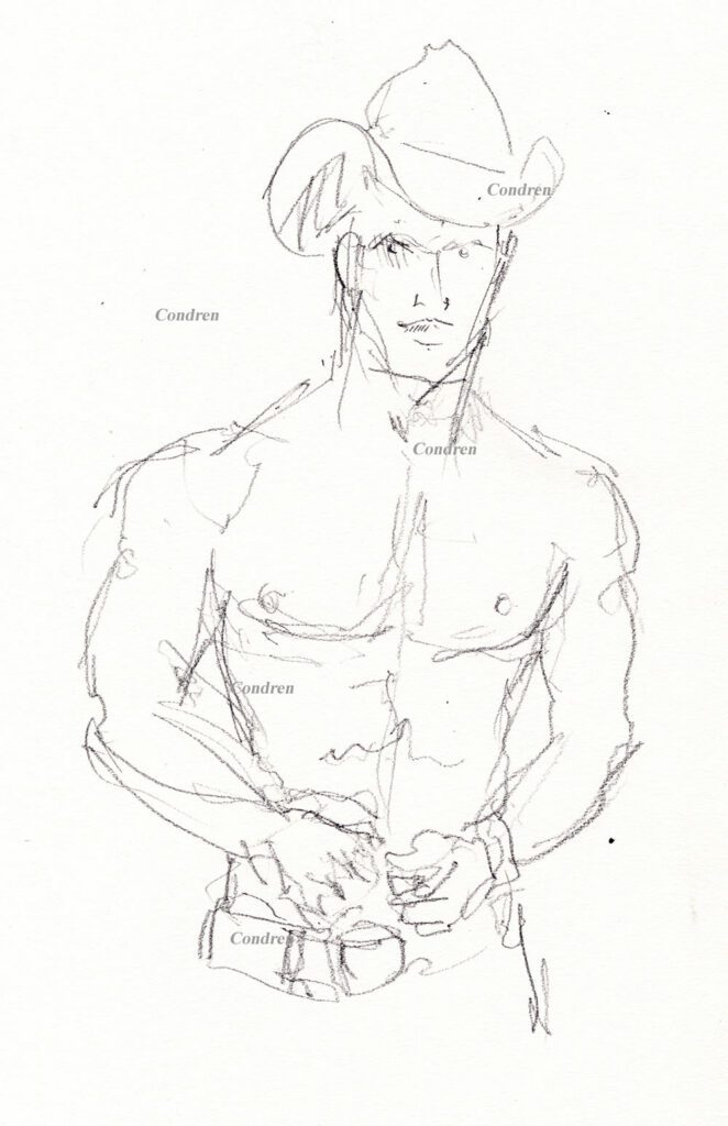 Pencil sketch of a young gay cowboy by artist Stephen F. Condren.