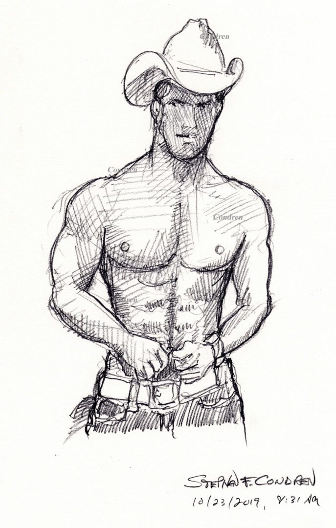 Gay cowboy drawing #499Z, in pencil, by artist Stephen F. Condren.