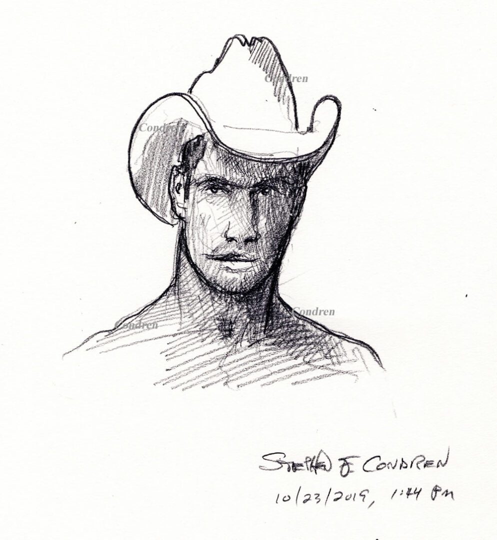 Gay cowboy drawing #500Z, in pencil, by artist Stephen F. Condren.