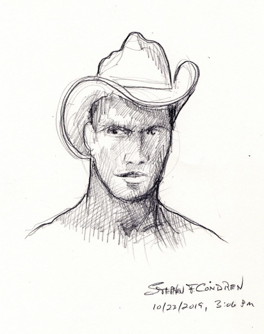Pencil drawing of a gay cowboy with 10-gallon hat by artist Stephen F. Condren.