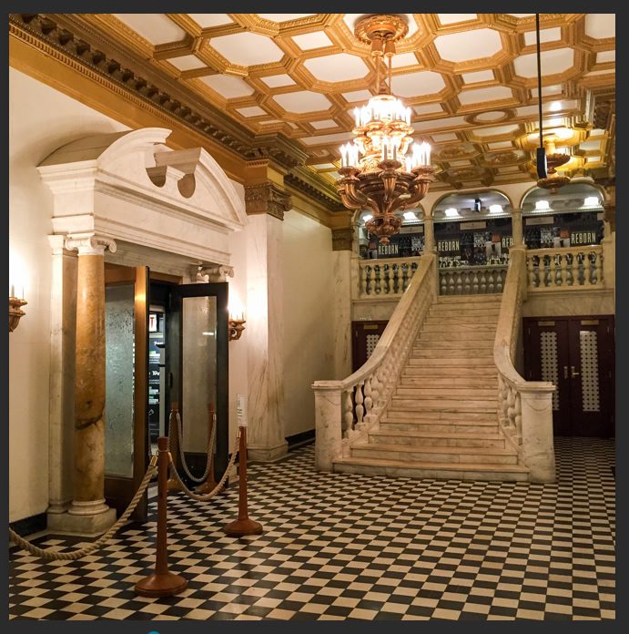Grand Foyer of marble balustrade pool, of the Chicago Athletic Association.I swim for life with prints and scan by artist Stephen F. Condren of Condren Galleries.
