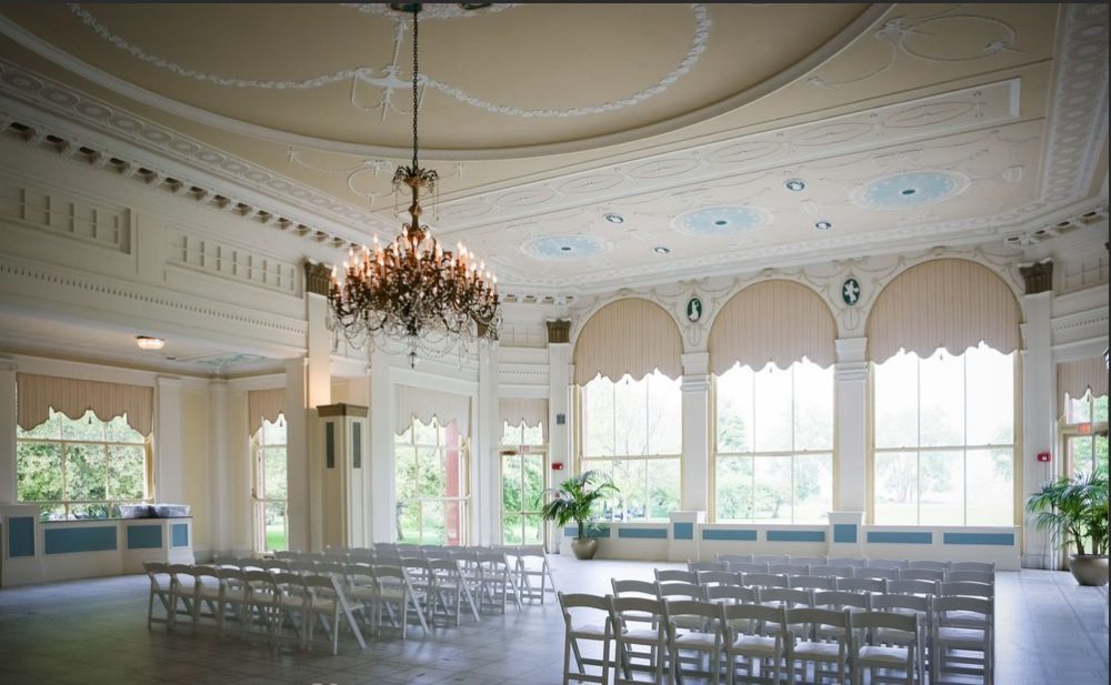 Photo of the Solarium, at the South Shore Country Club overlooking the lawns on to the shores of Lake Michigan.