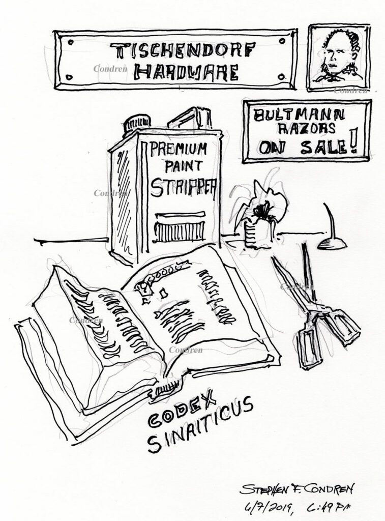 Sinaiticus Redaction Criticism #506Z, pen & ink drawing by artist Stephen F. Condren. The drawing shows scissors, and razors cutting up Codex Sinaiticus of Tischendorf by Rudolph Bultmann.