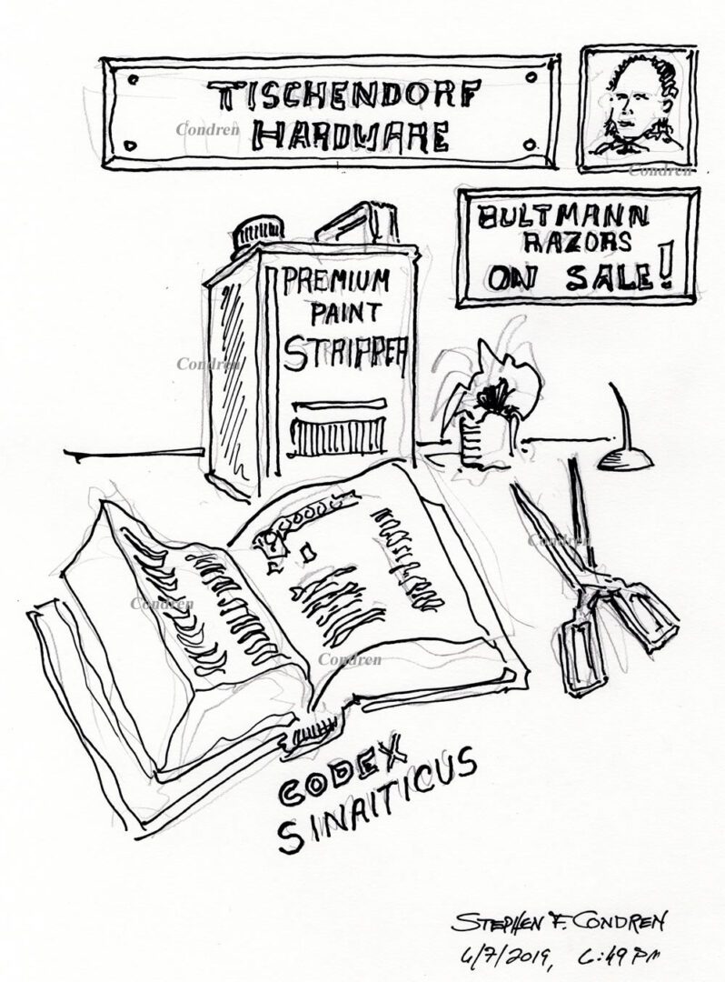 Sinaiticus Redaction Criticism #506Z, pen & ink drawing, prints & scans, by artist Stephen F. Condren.