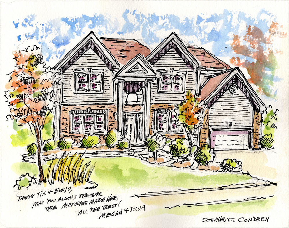 Watercolor house portrait #462Z, with pen & ink drawing by Stephen F. Condren.