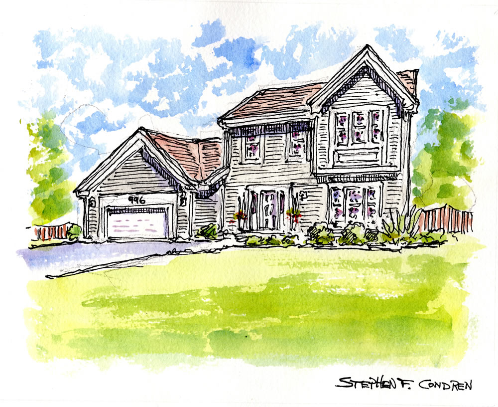 House portrait #530Z, or architectural rendering watercolor with pen & ink drawing by artist Stephen F. Condren.