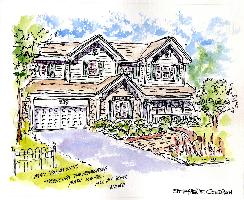 House portrait #585Z, an architectural rendering watercolor with pen & ink drawing by artist Stephen F. Condren.