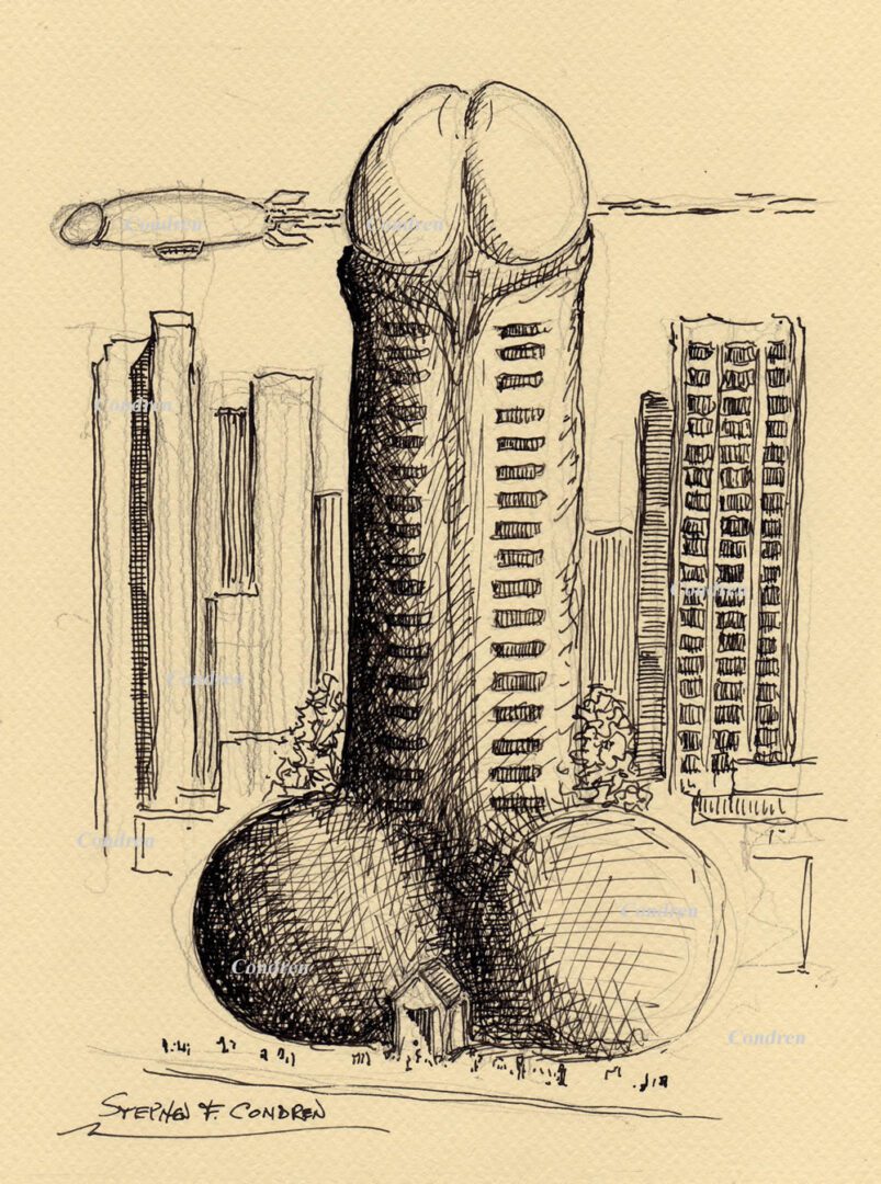 Penis Tower #525Z, a phallic skyscraper condominium pen & ink drawing, and pencil, with prints & scans, by artist Stephen F. Condren of Condren Galleries.