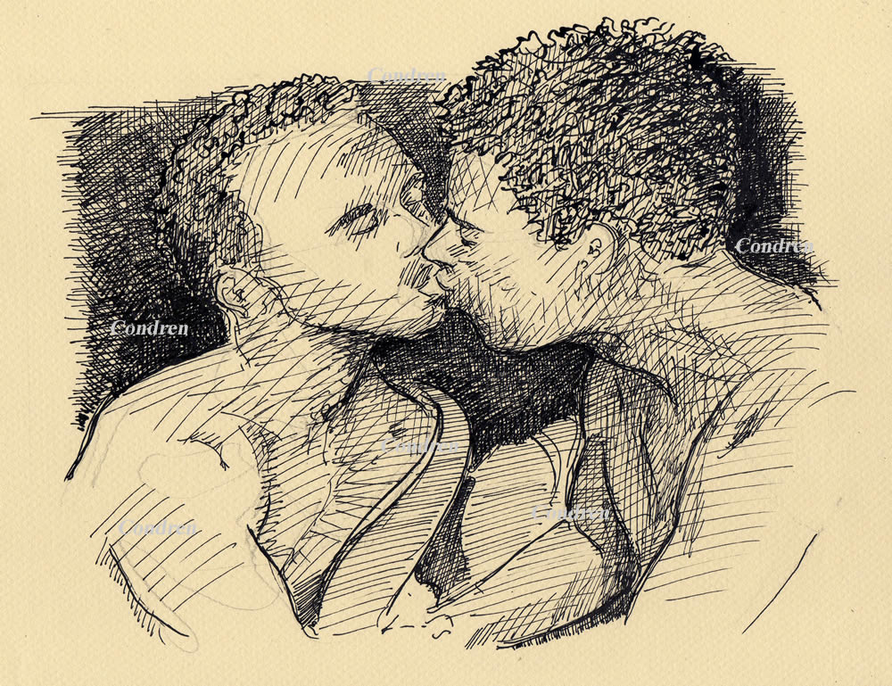 Boys kissing pen&ink #537Z, pen & ink drawing with pencil, offering prints & scans, by artist Stephen F. Condren of Condren Galleries, with gay LGBTQ approved prints, and scans.