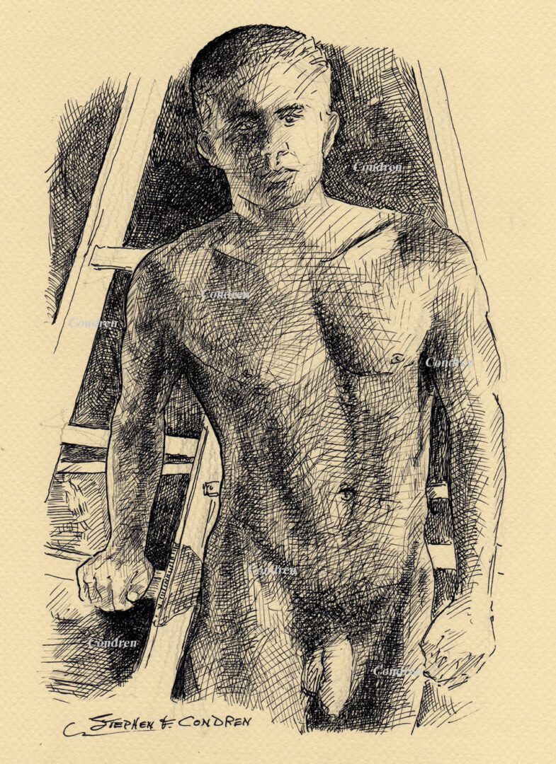 Nude male pen & ink #533Z, with pencil drawings. Gay man prints & scans, by artist Stephen F. Condren, with gay LGBTQ approved prints, and scans.