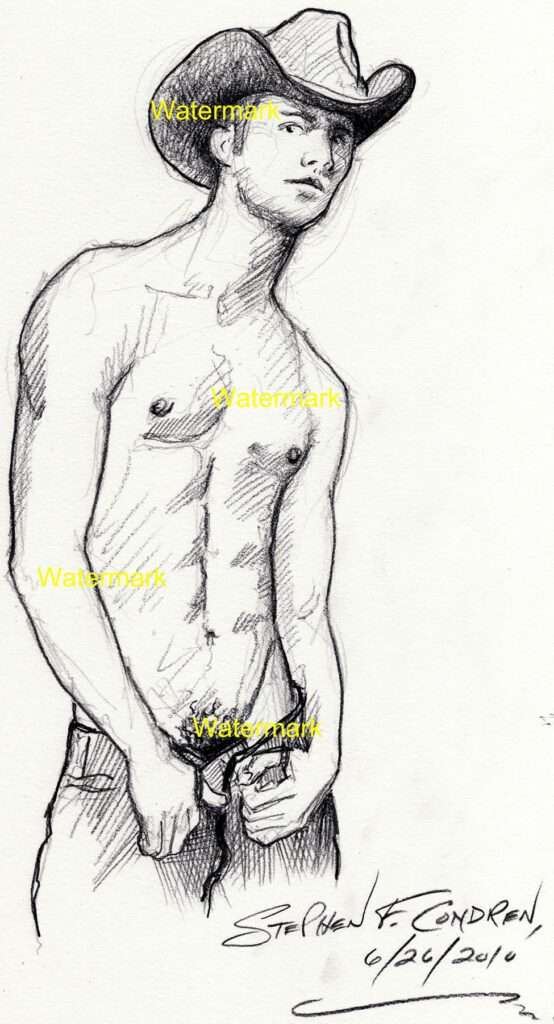 Shirtless Gay Cowboy #441Z, with pen & ink drawing. Prints & Scans Order Here.