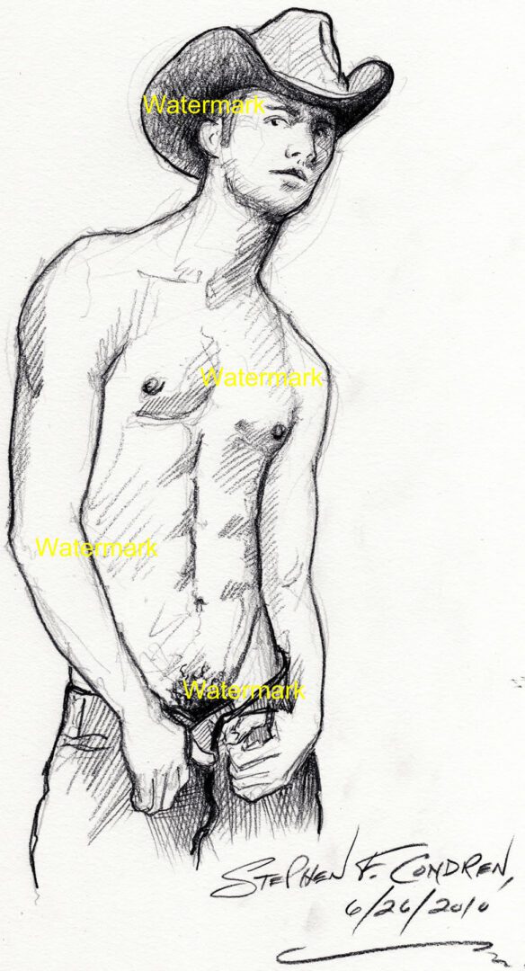 Shirtless Gay Cowboy #441Z, or gay bare-chested herdsman, pencil drawing of a gay cowboy with his zipper open looking at you by artist Stephen F. Condren of Condren Galleries, with gay LGBTQ approved prints, and scans.