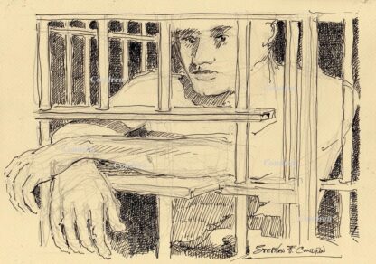 Jail bait pen&ink 587Z gay prison art drawing of a young man looking out of his cell block.