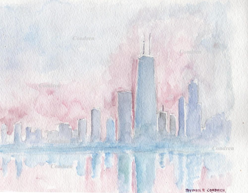 Chicago skyline watercolor at sunset with the John Hancock Center by artist Stephen F. Condren.