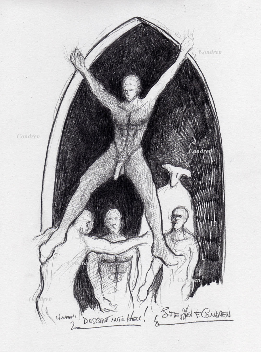 Descent into Hell! #596Z, or Damnation, a drawing of gay naked men cast down into Hell with Satan watching, by artist Stephen F. Condren of Condren Galleries, offering prints & scans.