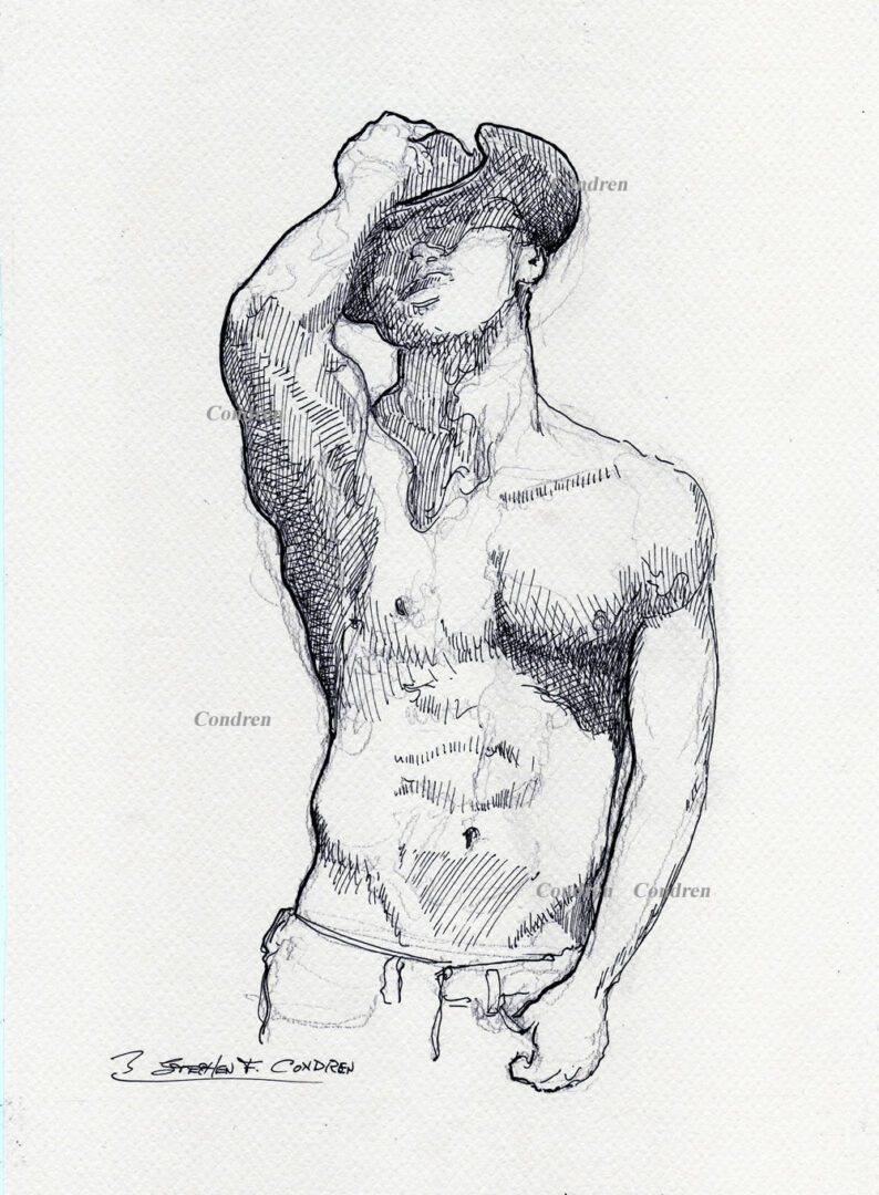 Shirtless Straight Cowboy #442Z, or bare-chested herdsman pen & ink drawing by artist Stephen F. Condren of Condren Galleries, offering prints, and scans.