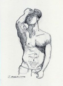 Pen & ink drawing of a shirtless gay cowboy.