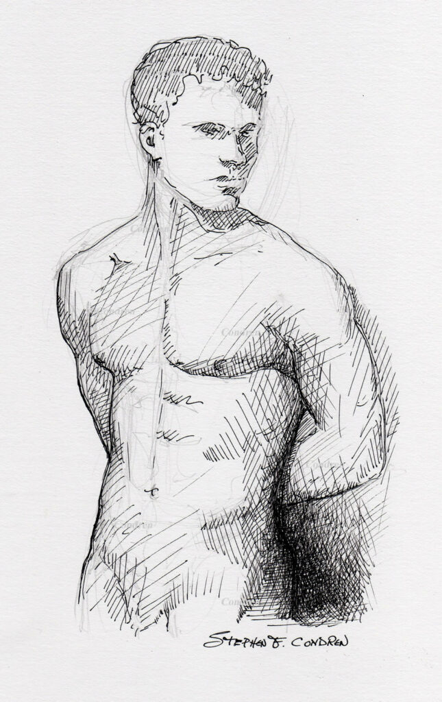 Nude male #2340A figure drawing of a hot young man standing against a wall.