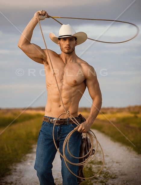 Photo of a shirtless cowboy whirling a lasso, with a fake head that is too small, as Photoshop touch up.