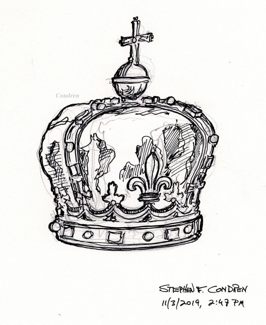 Legendary status #541Z, or quasi-divinity, shows a pen & ink drawing of a king's crown by artist Stephen F. Condren, of Condren Galleries offering prints, and scans.