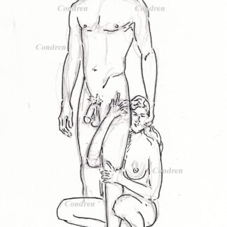Nude male female #342A pen & ink figure drawing with contour lines, delineation, pencil background.