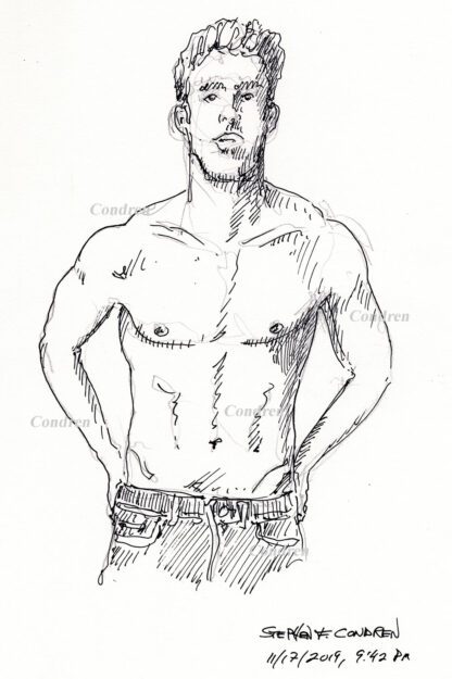Michael Phelps #358A pen & ink figure drawing of his shirtless fit body with chiseled torso.