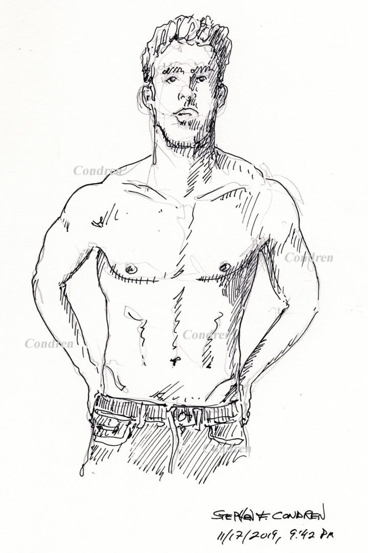 Hot shirtless male #358Z pen & ink figure drawing by artist Stephen F. Condren, with LGBTQ endorsed gay prints.