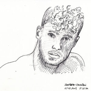 Hot beautiful boy #361A pen & ink portrait of his fancy hairdo with curls.