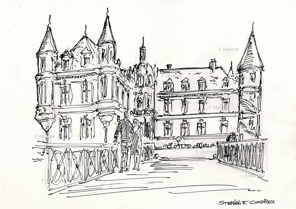 Pen & ink drawing of Chateau De Bourneau by artist Stephen F. Condren.