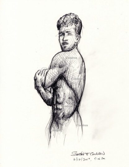 Male figure drawing #311A of a nude man with his torso twisted in partial shade.