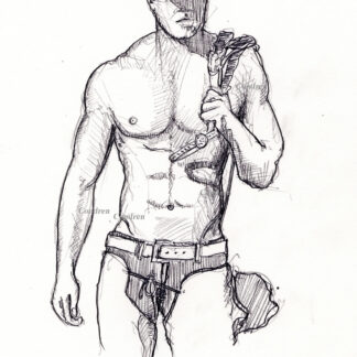 Shirtless cowboy #488A pencil figure drawing with rugged good looks carrying harness straps straps.