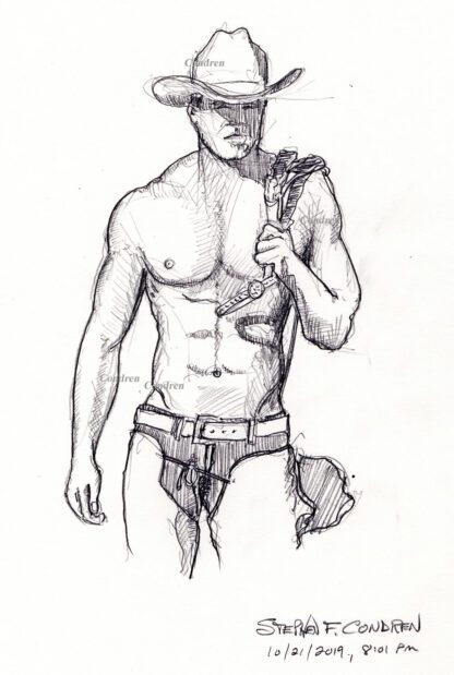 Shirtless cowboy #488A pencil figure drawing with rugged good looks carrying harness straps straps.