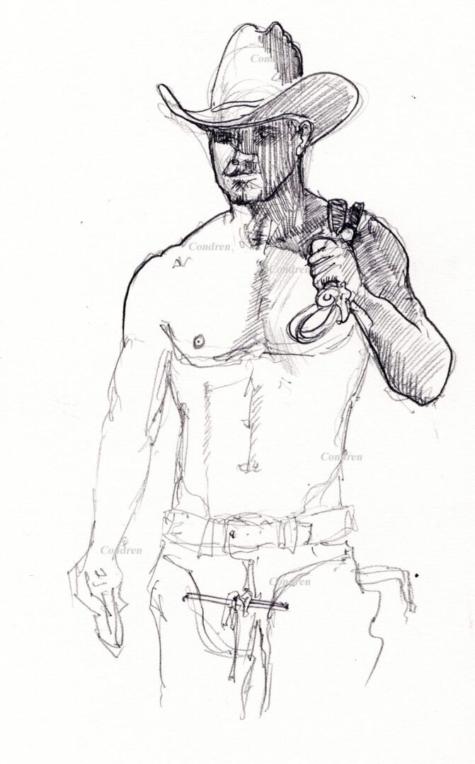 Shirtless gay cowboy #326Z, or bare-chested LGBTQ herdsman pencil figure drawing by artist Stephen F. Condren, of Condren Galleries with prints, and scans.