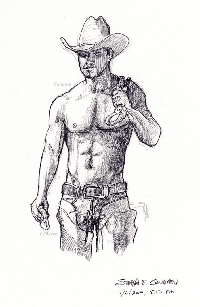 Shirtless gay cowboy #325Z, or bare-chested LGBTQ herdsman, pencil figure drawing or stylus body sketch by artist Stephen F. Condren, of Condren Galleries with prints, and scans.